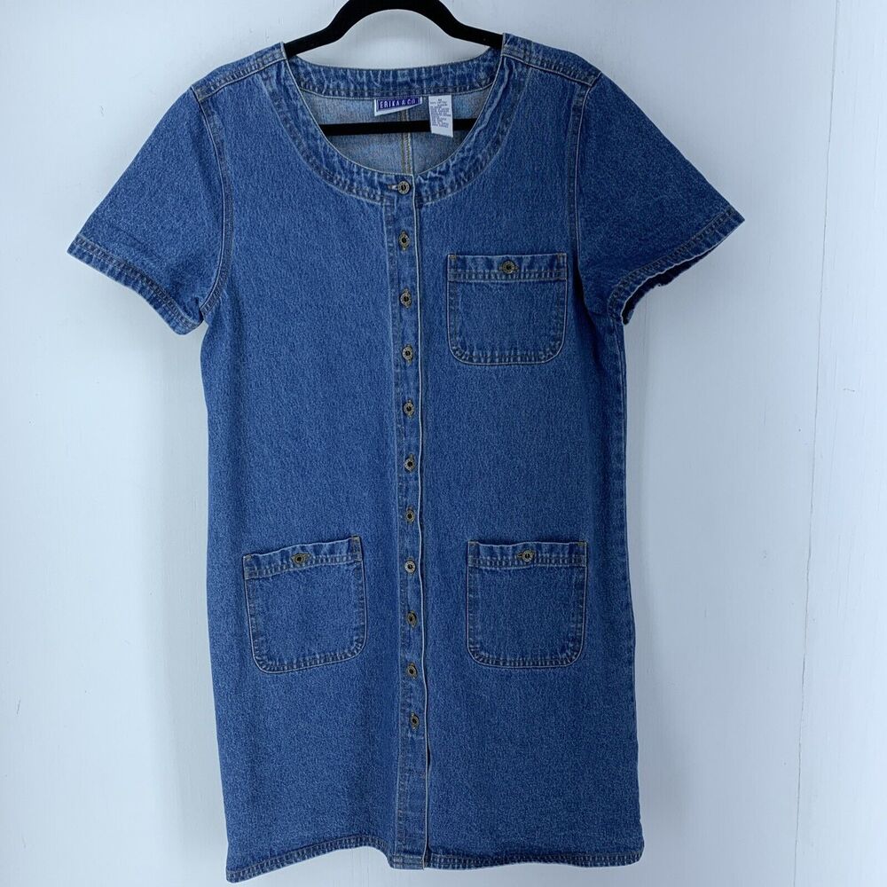 Vtg Erika & Co‎ Womens M Denim Shirt Dress 90’s Y2K Jean Boho Preppy Cottagecore